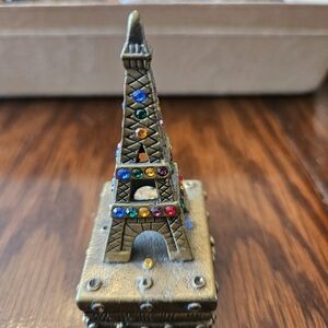 Vgt Brass Color W/ Gemstones Hinged Trinket Box 3.5"×1 3/4"×1 1/4" Unmarked